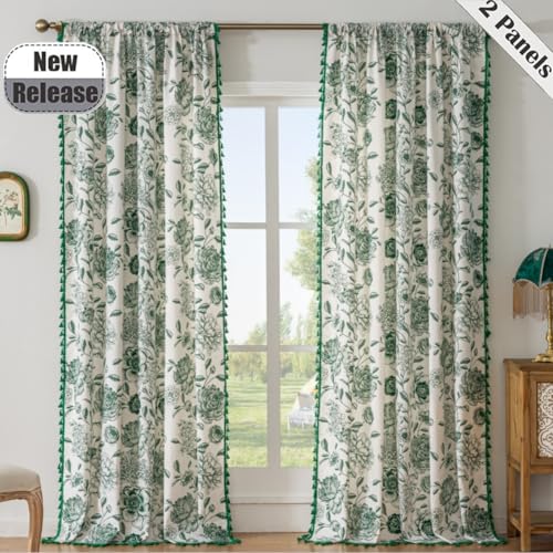 F-CHU Bohemian Curtains for Bedroom 63 Inch Length French Country Floral Drapes Farmhouse Rustic Window Curtain Panels for Bedroom Chic Cotton Linen Blend Toile Curtain，2 Panel - Image 2
