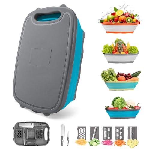 Gintan Camping Cutting Board, 9-in-1 Collapsible Chopping Board with Colander, Kitchen Vegetable Washing Basket for Camping, Camping Gifts Camping Accessories for RV Campers (Blue+Grey) - Image 1