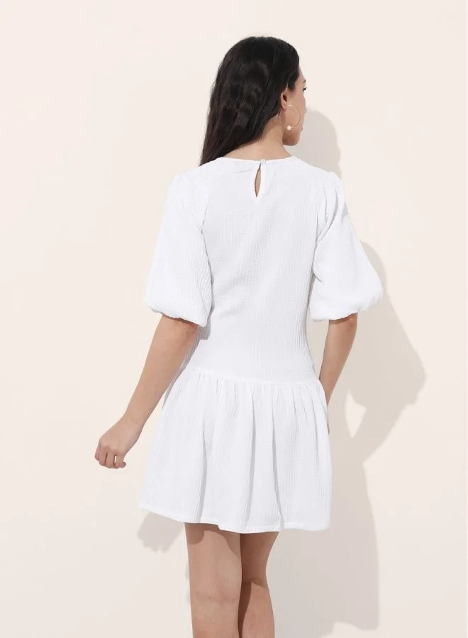 Freehand  Women Relaxed Fit Textured Round Neck Short Sleeve Tiered Dress for Women | Best Price UAE