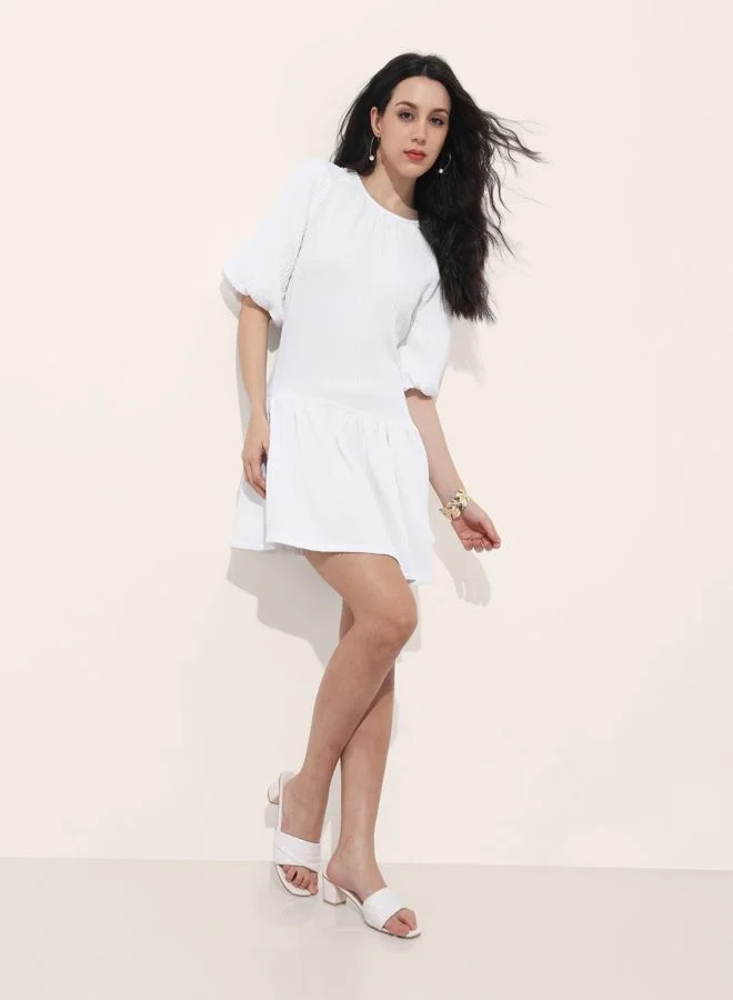 Freehand  Women Relaxed Fit Textured Round Neck Short Sleeve Tiered Dress for Women | Best Price UAE