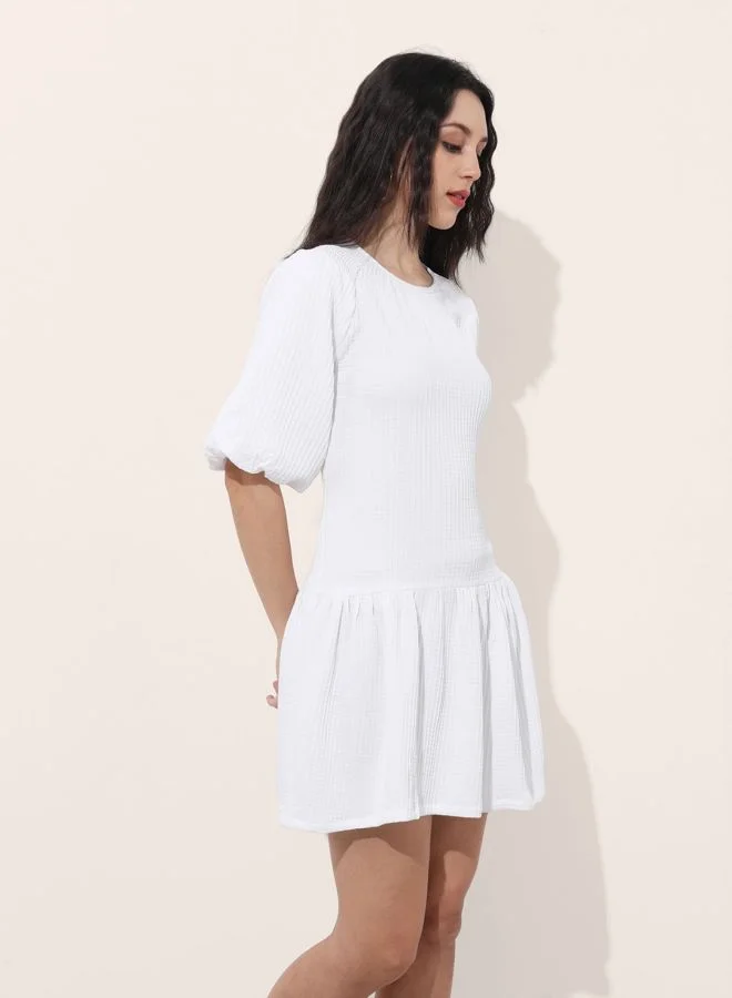 Freehand  Women Relaxed Fit Textured Round Neck Short Sleeve Tiered Dress for Women | Best Price UAE