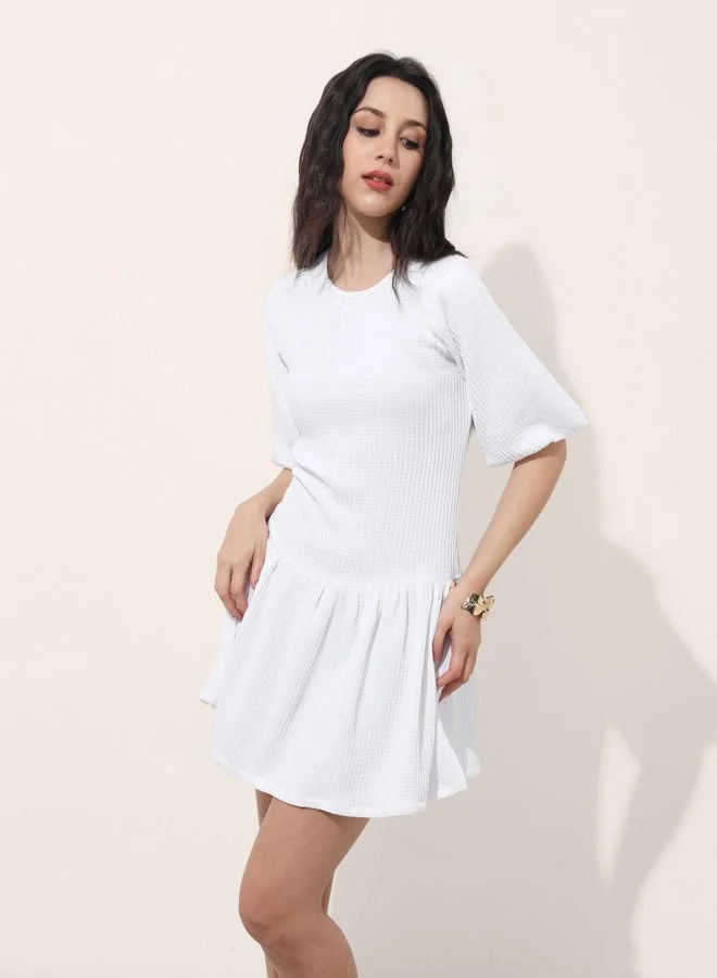 Women Relaxed Fit Textured Round Neck Short Sleeve Tiered Dress