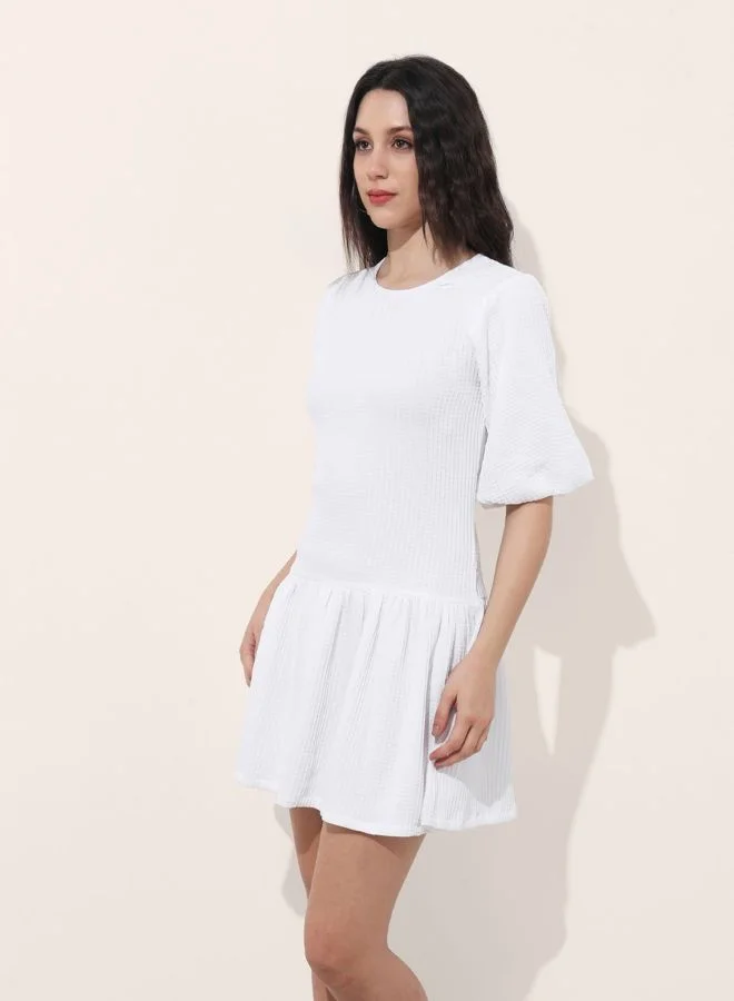 Freehand  Women Relaxed Fit Textured Round Neck Short Sleeve Tiered Dress for Women | Best Price UAE