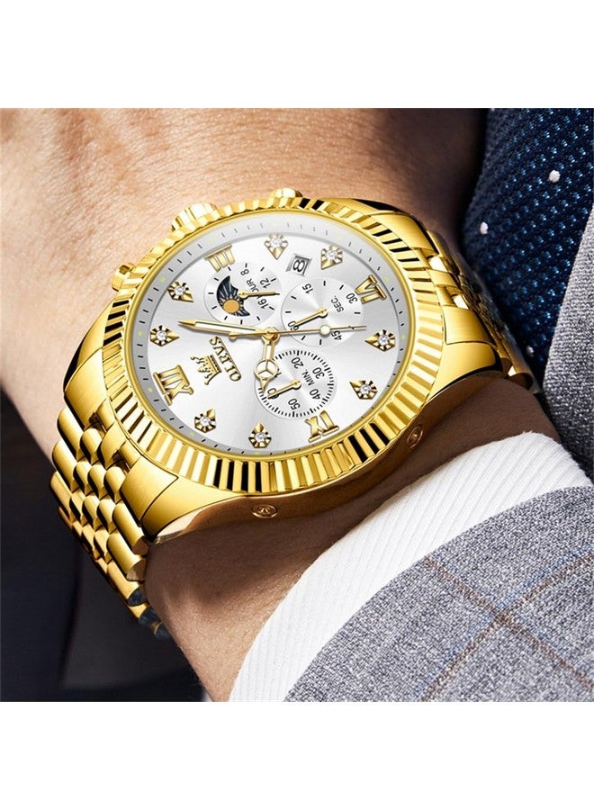 أوليفز ساعة  للرجال بعقارب كوارتز من الفولاذ المقاوم للصدأ مع تقويم طور القمر وكرونوغراف وساعة يد مقاومة للماء مضيئة بلونين وذهب أبيض - Image 4