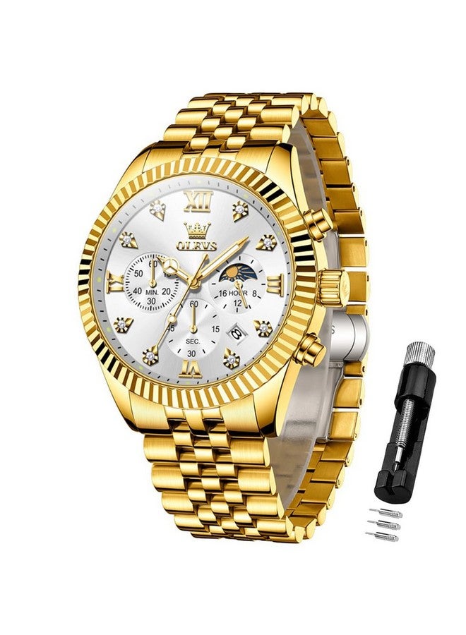 أوليفز ساعة  للرجال بعقارب كوارتز من الفولاذ المقاوم للصدأ مع تقويم طور القمر وكرونوغراف وساعة يد مقاومة للماء مضيئة بلونين وذهب أبيض - Image 1