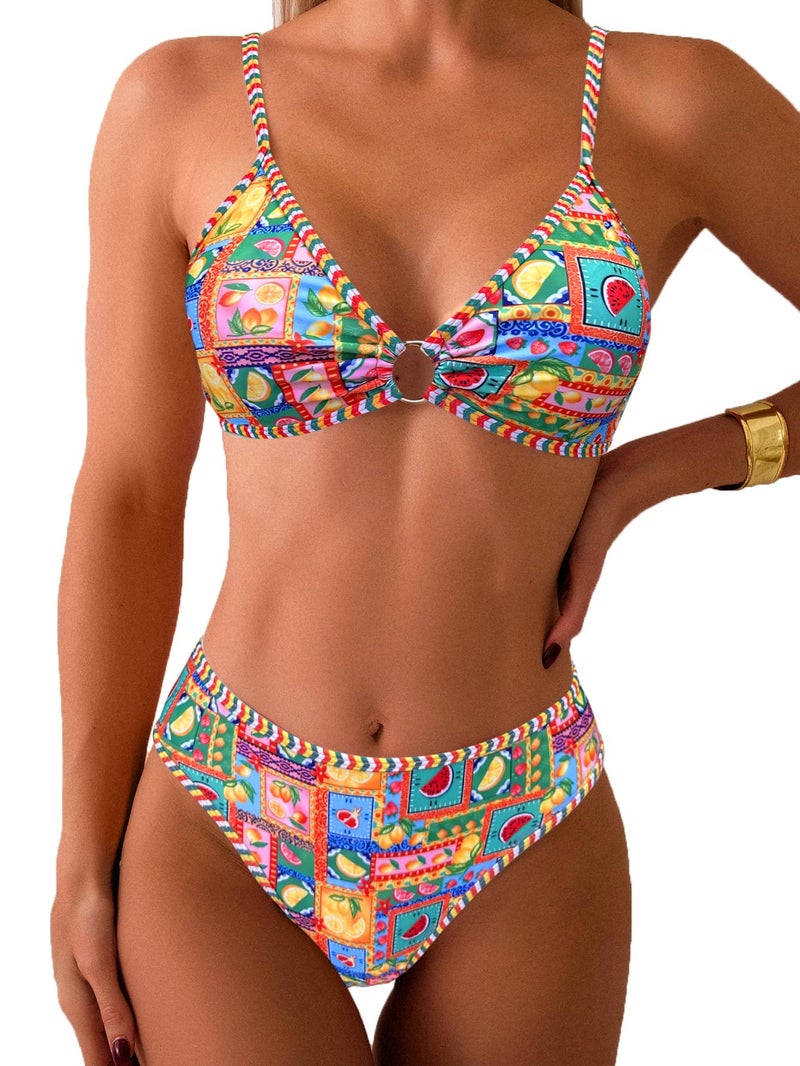 Fanuerg Women's Triangle Bikini Sets O Ring Linked Two Piece Swimsuits Floral Printed Cheeky Bathing Suit Lemon Fruit Print S - Image 1