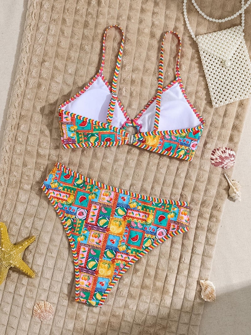 Fanuerg Women's Triangle Bikini Sets O Ring Linked Two Piece Swimsuits Floral Printed Cheeky Bathing Suit Lemon Fruit Print S - Image 5