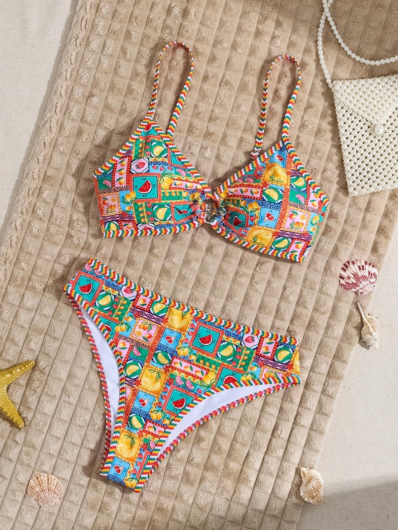 Fanuerg Women's Triangle Bikini Sets O Ring Linked Two Piece Swimsuits Floral Printed Cheeky Bathing Suit Lemon Fruit Print S - Image 4