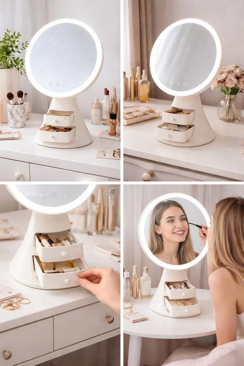 Makeup Mirror with Lights and Organizer, LED Vanity Mirror with Touch Control, 3 Light Modes, Adjustable Angle and Cosmetic Storage for Dressing Table, X-611, White - Image 3