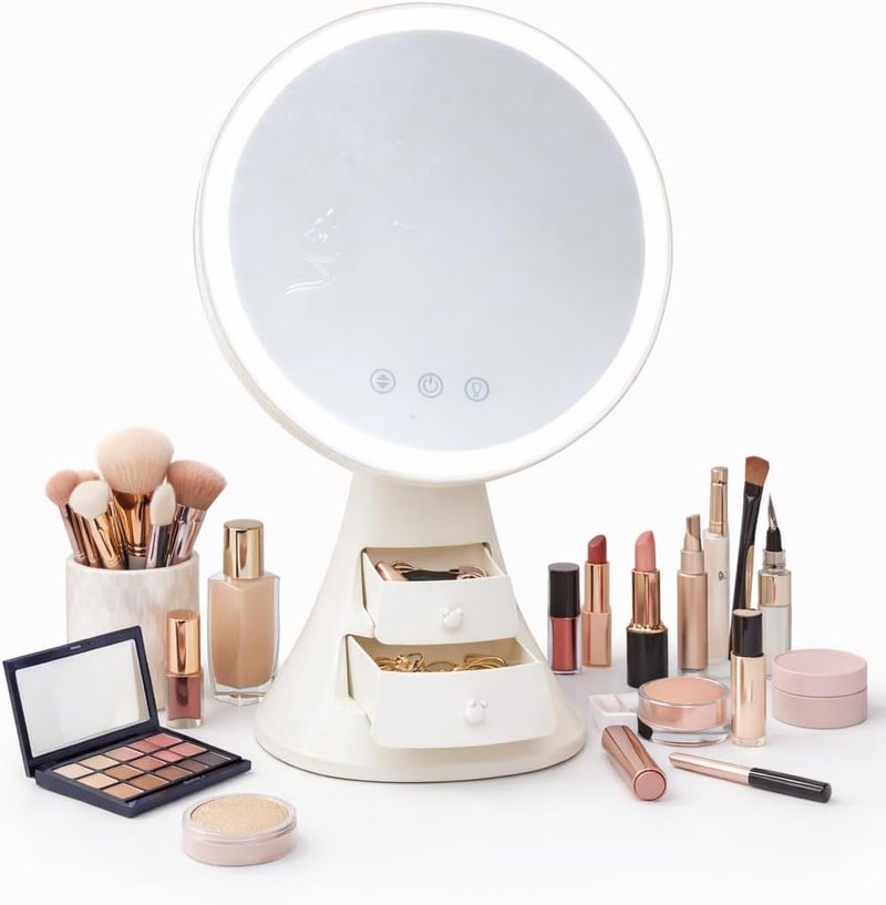 Makeup Mirror with Lights and Organizer, LED Vanity Mirror with Touch Control, 3 Light Modes, Adjustable Angle and Cosmetic Storage for Dressing Table, X-611, White - Image 1