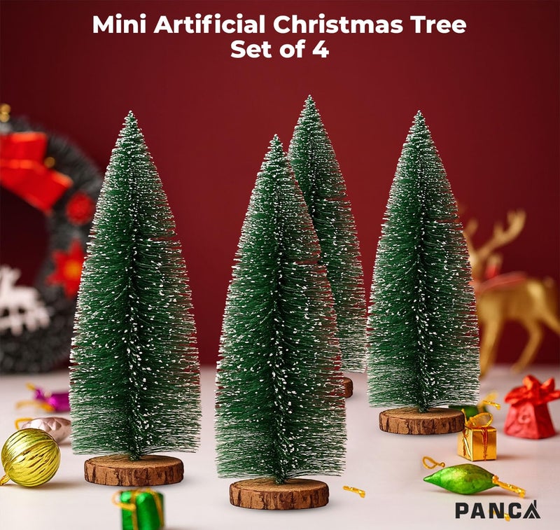 PANCA Mini Christmas Trees 10 cm | Snow Flocked Bottle Brush Pine Trees with Wooden Base | Tabletop Xmas Decoration for Home, Cake Table, Crafts, DIY Village & Party Décor (Set of 4) - Image 2