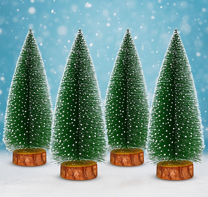 PANCA Mini Christmas Trees 10 cm | Snow Flocked Bottle Brush Pine Trees with Wooden Base | Tabletop Xmas Decoration for Home, Cake Table, Crafts, DIY Village & Party Décor (Set of 4) - Image 1