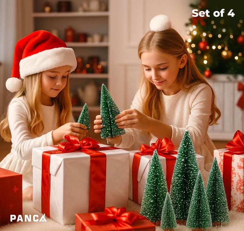 PANCA Mini Christmas Trees 10 cm | Snow Flocked Bottle Brush Pine Trees with Wooden Base | Tabletop Xmas Decoration for Home, Cake Table, Crafts, DIY Village & Party Décor (Set of 4) - Image 5
