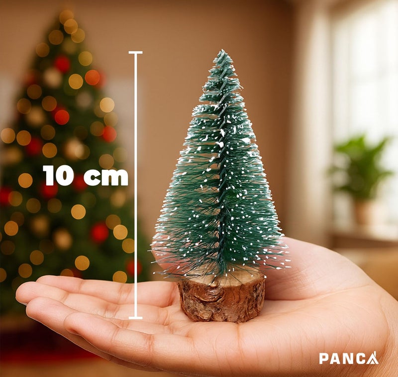PANCA Mini Christmas Trees 10 cm | Snow Flocked Bottle Brush Pine Trees with Wooden Base | Tabletop Xmas Decoration for Home, Cake Table, Crafts, DIY Village & Party Décor (Set of 4) - Image 3