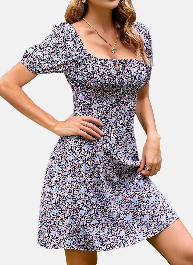 YUNIQEE Black Square Neck Floral Print A-Line Dress  - Image 5