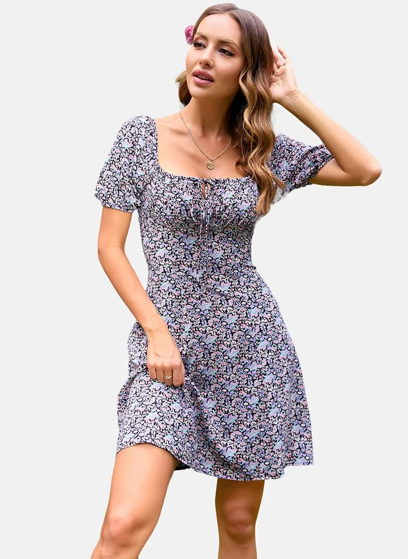 يونيكي Black Square Neck Floral Print A-Line Dress