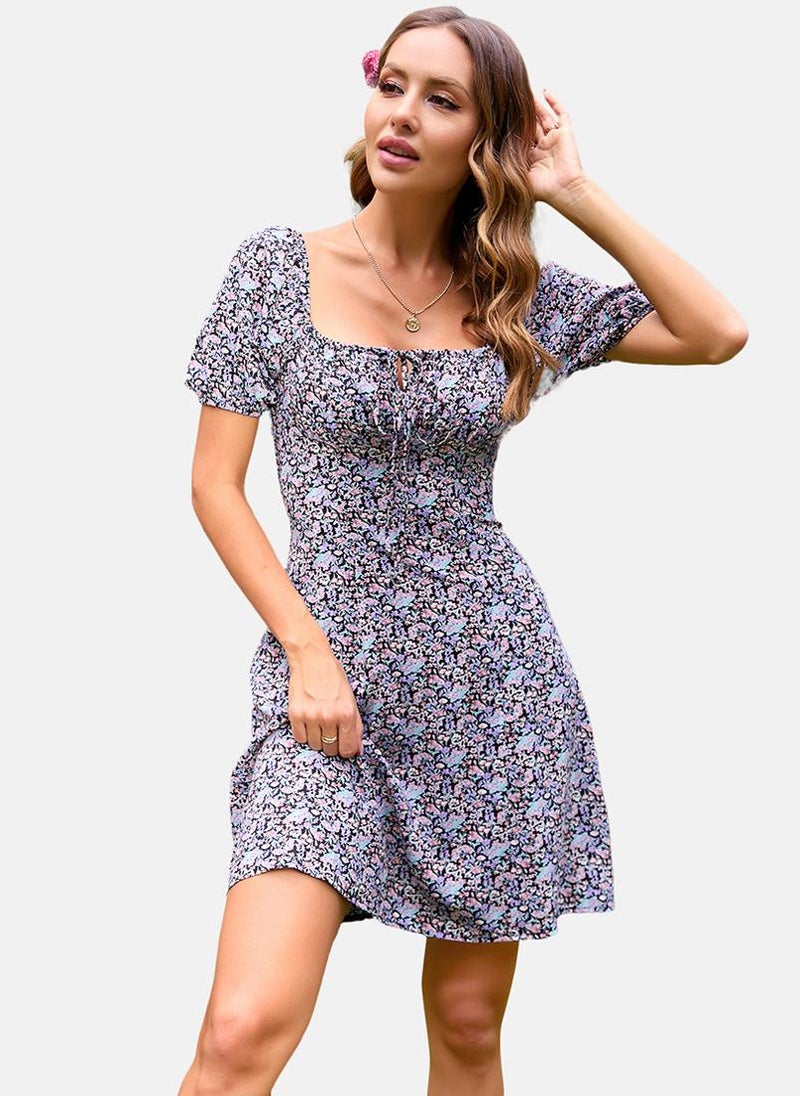 YUNIQEE Black Square Neck Floral Print A-Line Dress  - Image 1