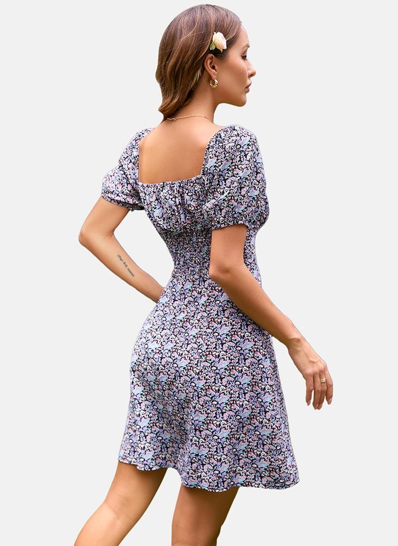 YUNIQEE Black Square Neck Floral Print A-Line Dress  - Image 3