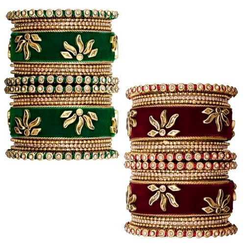 Peora Combo of Velvet Chuda Bangles Gift Set for Women Maroon & Green 2.6" - Image 1