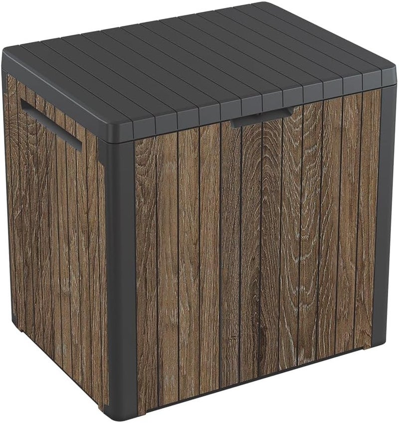 Keter Signature Everwood 30 Gallon Resin Outdoor Storage Box and Patio Furniture Side Table for Pool and Garden Accessories, Walnut - Image 1
