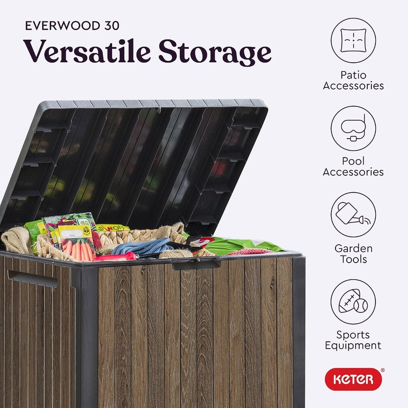 Keter Signature Everwood 30 Gallon Resin Outdoor Storage Box and Patio Furniture Side Table for Pool and Garden Accessories, Walnut - Image 5
