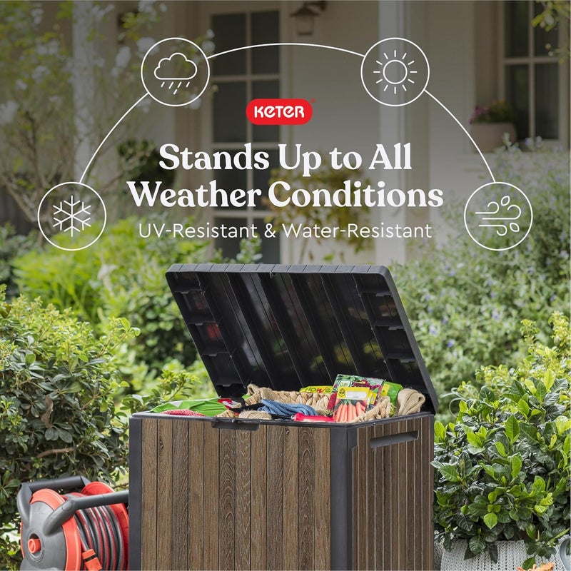 Keter Signature Everwood 30 Gallon Resin Outdoor Storage Box and Patio Furniture Side Table for Pool and Garden Accessories, Walnut - Image 3