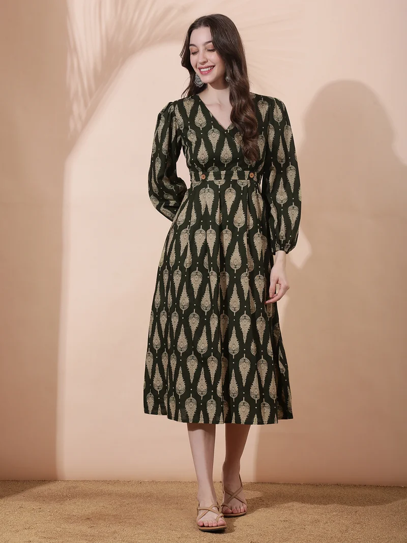 جلو باص Globus Women Olive Ethnic Print Wrap V-Neck Bishop Sleeves Smocked Detail Fit & Flare Midi Dress