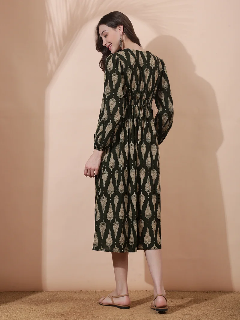 globus  Globus Women Olive Ethnic Print Wrap V-Neck Bishop Sleeves Smocked Detail Fit & Flare Midi Dress for Women | Best Price UAE