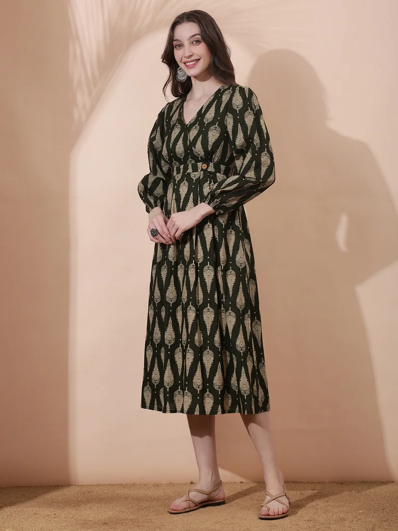 globus  Globus Women Olive Ethnic Print Wrap V-Neck Bishop Sleeves Smocked Detail Fit & Flare Midi Dress for Women | Best Price UAE