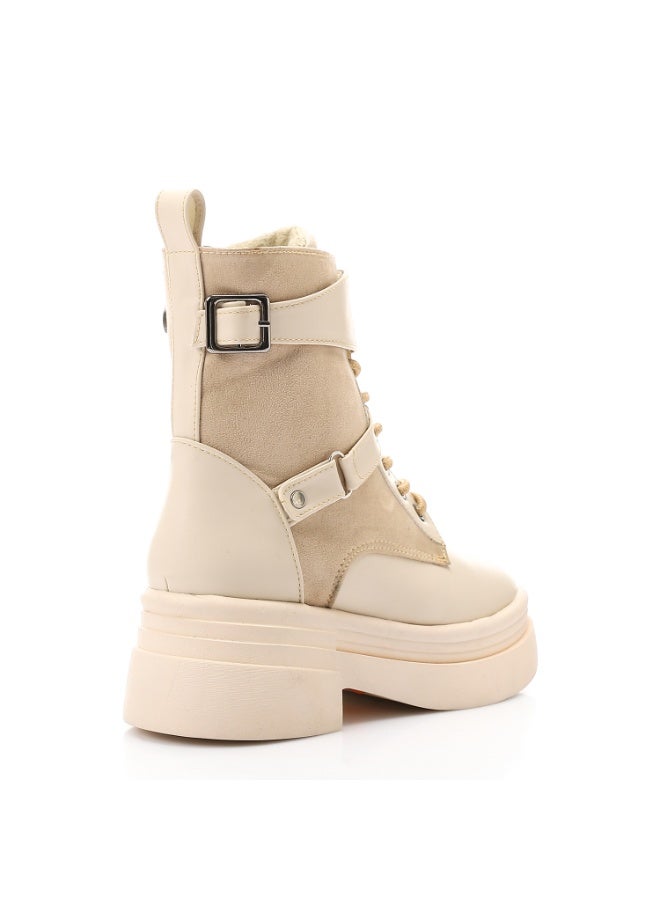 ICE CLUB Decorative buckle Mid Heel Ankle Boots - Beige - Image 4
