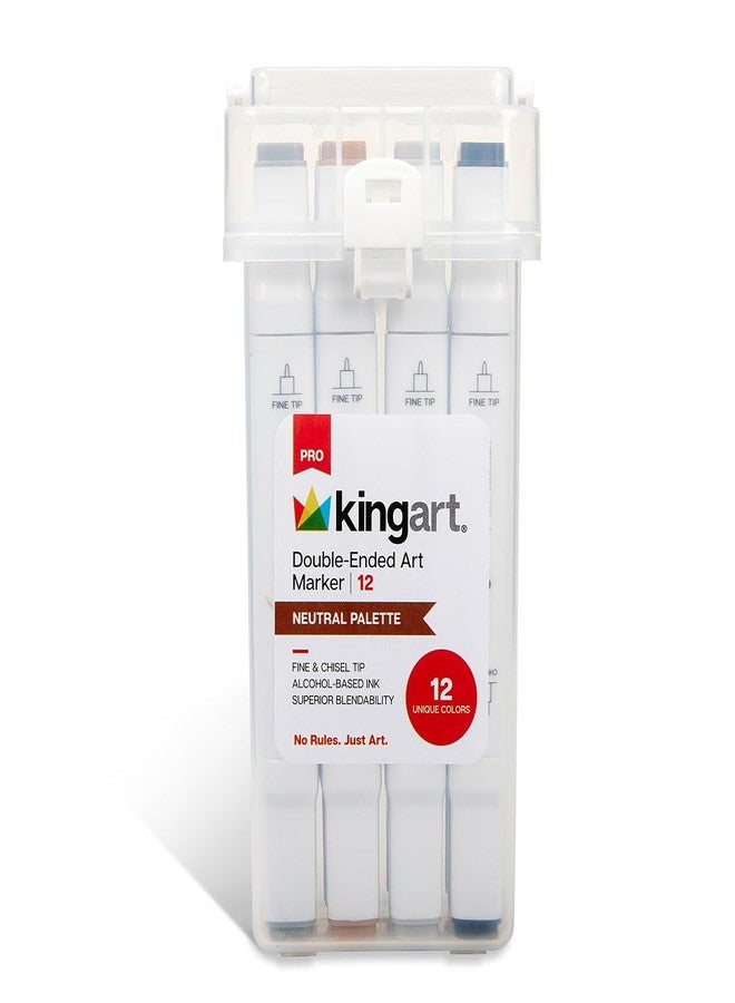 KINGART PRO Double-Ended Alcohol Ink Art Markers, 12 NEUTRAL GRAY & BROWN Colors, Fine Point & Chisel Tips, Permanent with Superior Blendability, Includes Plastic Case, 12 Pc.