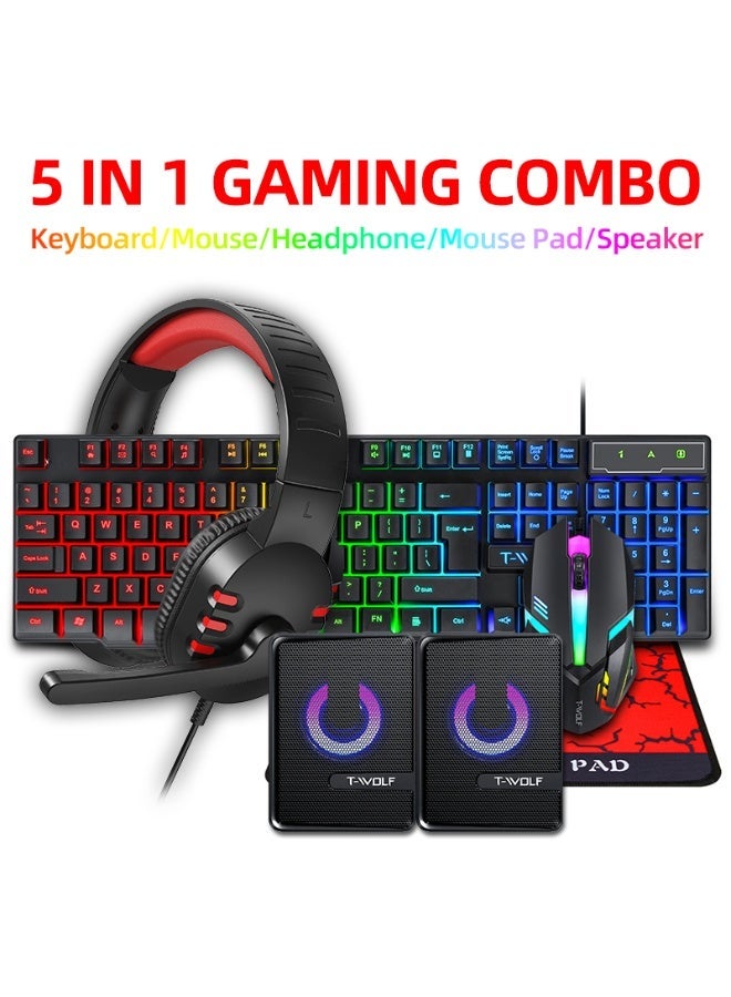 T-WOLF TF850 Gaming Keyboard Mouse and Gaming Headset and Speaker Mouse Pad Wired RGB Backlight Keyboard Combos for Computer PC - Image 1
