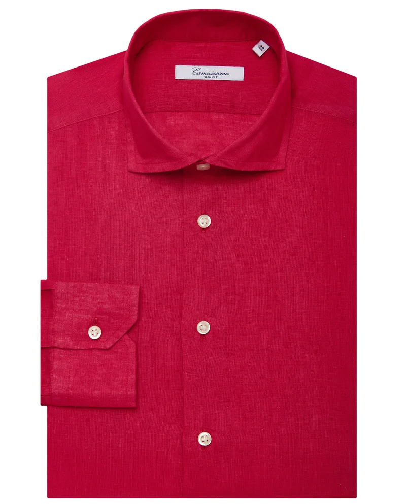 كاميتشسما قميص فاخر كتان بقصة ضيقة بلون أحمر