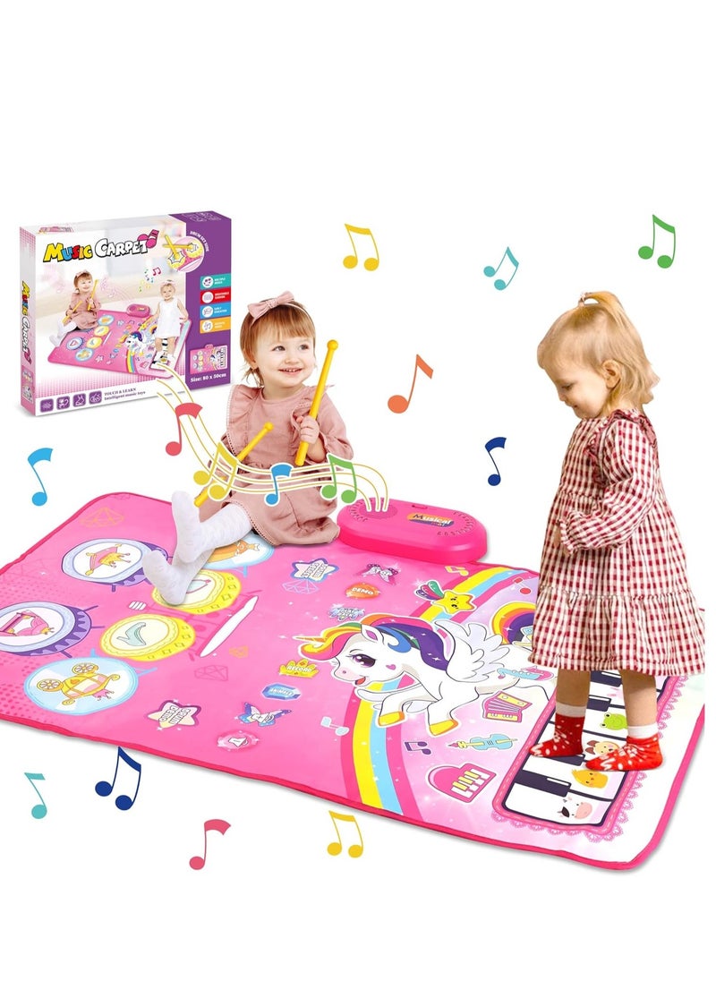 3 in 1 Piano Drum Babies Play Mat, Baby Activity Mat, Musical Toys Baby Floor Piano Drum Keyboard Mat, Piano Keyboard & Drum Animal Touch Unicorn Toys for Girls, Baby Toys (Unicorn Pink) - Image 1