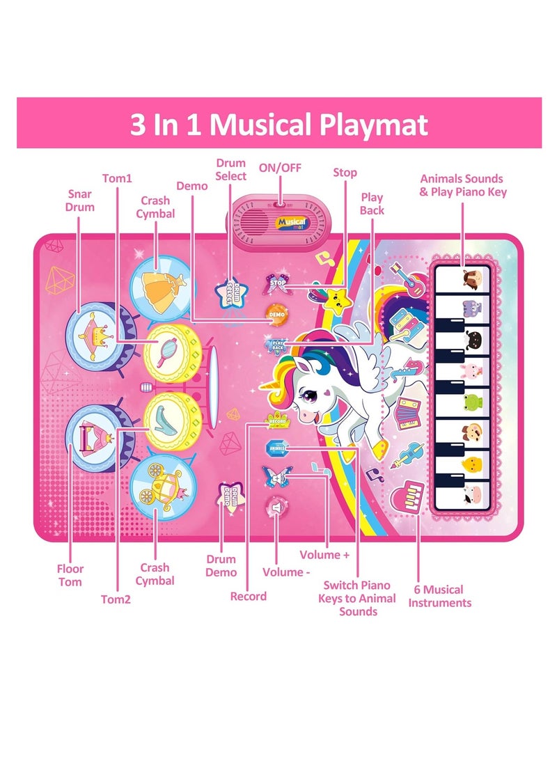 3 in 1 Piano Drum Babies Play Mat, Baby Activity Mat, Musical Toys Baby Floor Piano Drum Keyboard Mat, Piano Keyboard & Drum Animal Touch Unicorn Toys for Girls, Baby Toys (Unicorn Pink) - Image 2