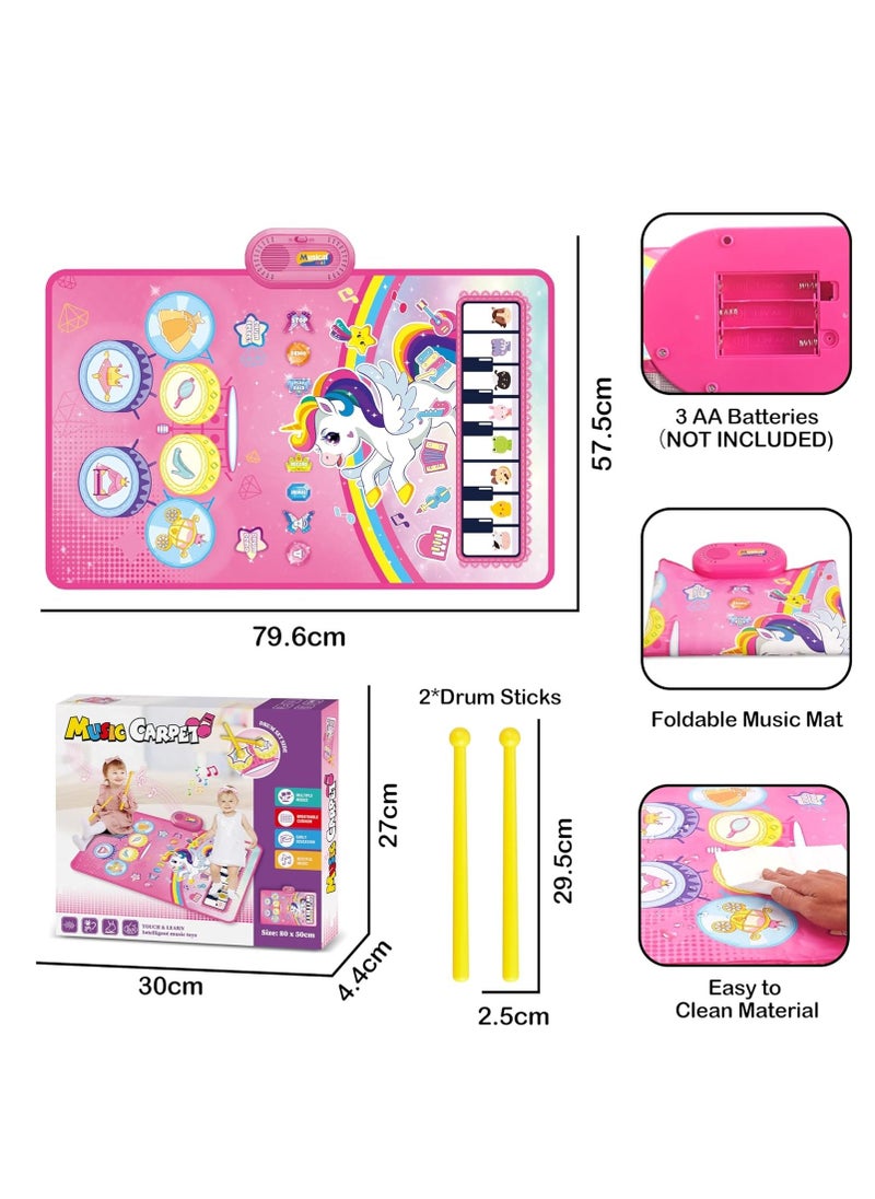 3 in 1 Piano Drum Babies Play Mat, Baby Activity Mat, Musical Toys Baby Floor Piano Drum Keyboard Mat, Piano Keyboard & Drum Animal Touch Unicorn Toys for Girls, Baby Toys (Unicorn Pink) - Image 3