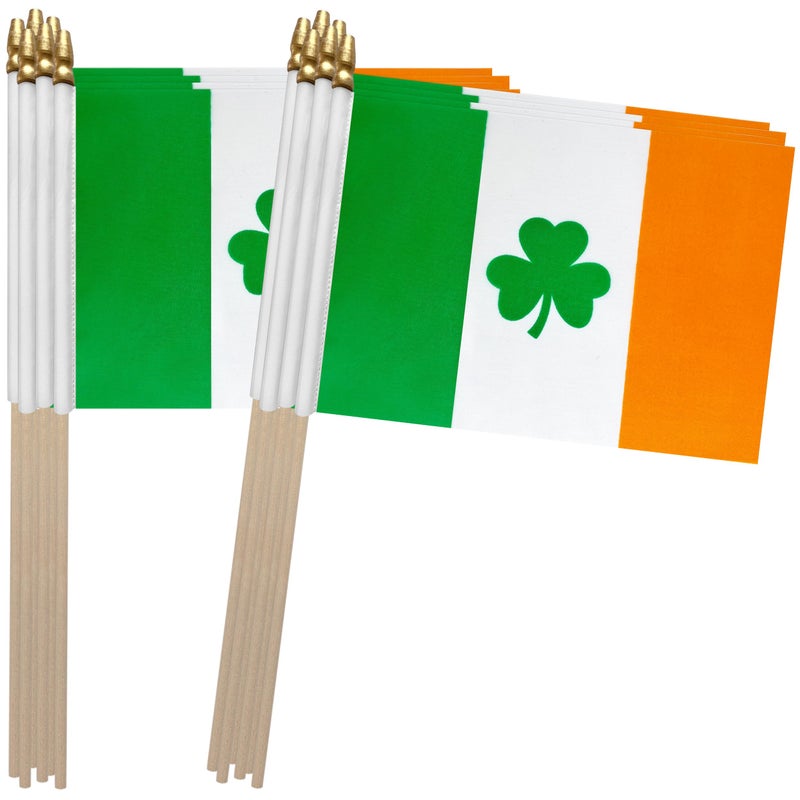 TSMD Ireland Irish Shamrock Stick Flag Saint Patrick's Day Clover Small Mini Hand Held Flags,5x8 Inch,12 Pack - Image 1