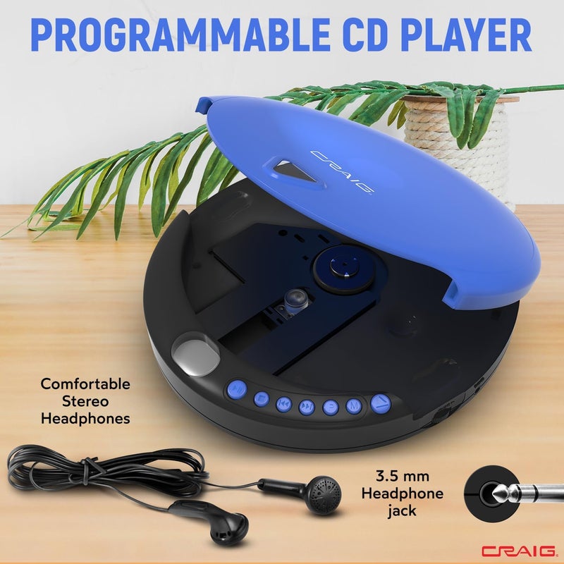 Craig CD2808-BL مشغل أقراص مضغوطة شخصي مع سماعات باللون الأزرق والأسود | مشغل أقراص مضغوطة محمول وقابل للبرمجة | متوافق مع CD/CD-R | أوضاع تشغيل عشوائي وتكرار - Image 3