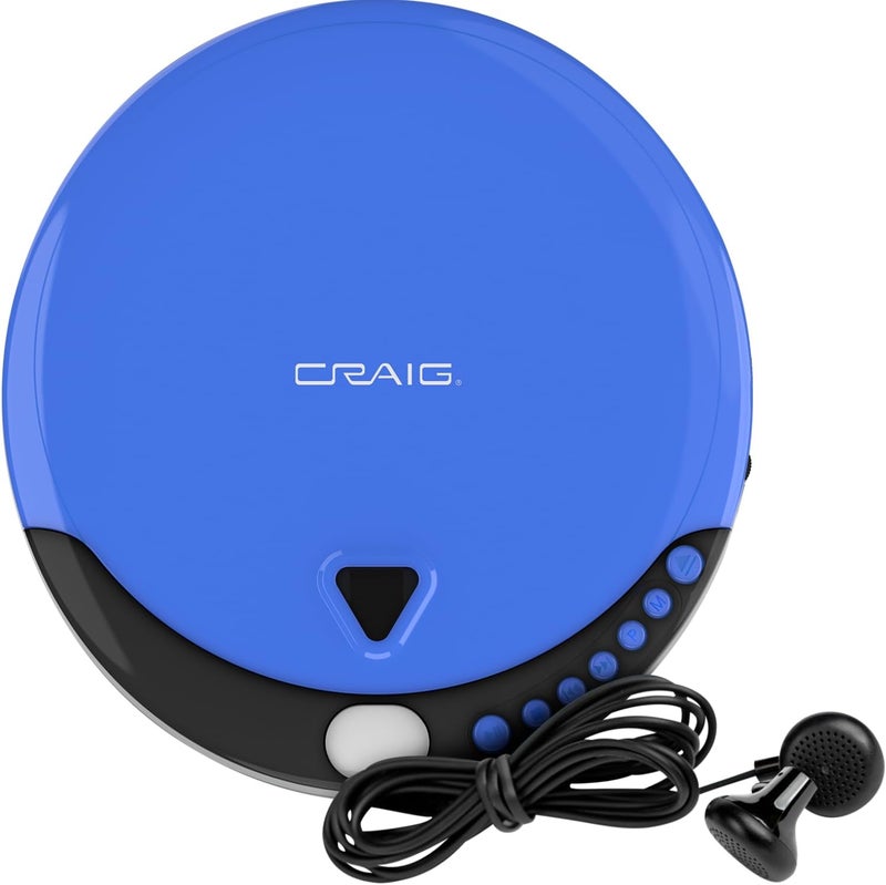 Craig CD2808-BL مشغل أقراص مضغوطة شخصي مع سماعات باللون الأزرق والأسود | مشغل أقراص مضغوطة محمول وقابل للبرمجة | متوافق مع CD/CD-R | أوضاع تشغيل عشوائي وتكرار - Image 1