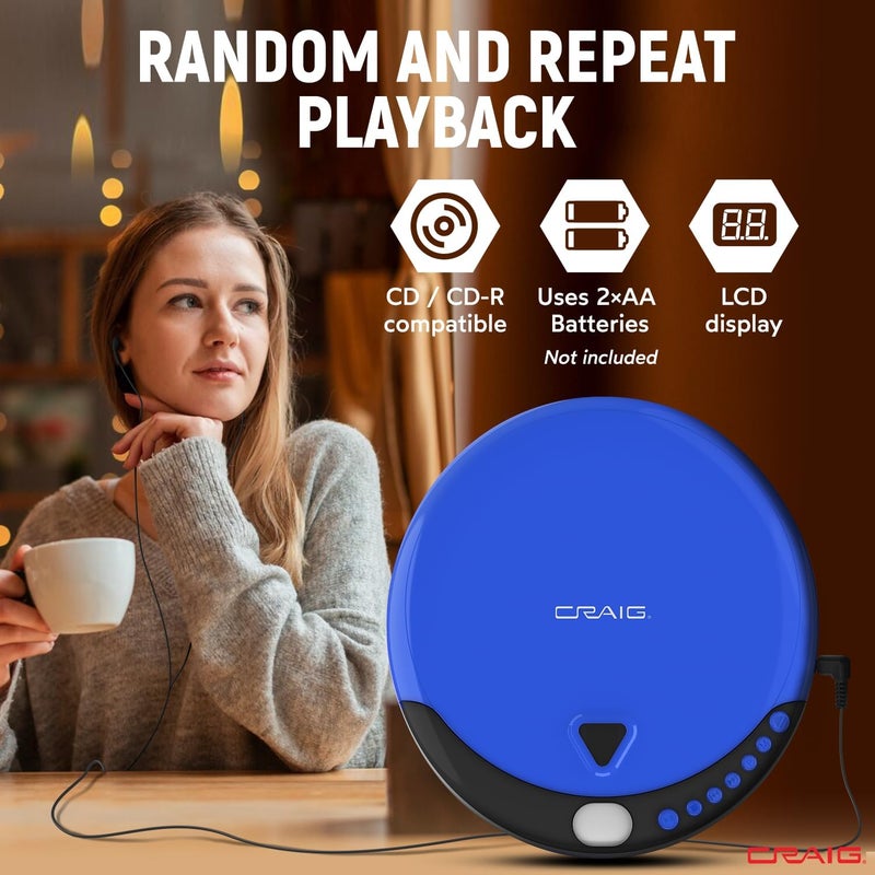 Craig CD2808-BL مشغل أقراص مضغوطة شخصي مع سماعات باللون الأزرق والأسود | مشغل أقراص مضغوطة محمول وقابل للبرمجة | متوافق مع CD/CD-R | أوضاع تشغيل عشوائي وتكرار - Image 2