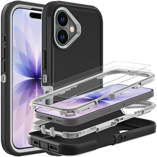 YKHJKLEC for iPhone 17 Case Military Grade 3 in 1 Heavy Duty ShockproofDrop ProofDust Proof Case with 2Pcs Tempered Glass Screen Protector BlackGrey - Image 1