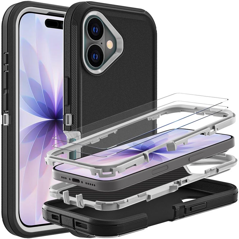 YKHJKLEC for iPhone 17 Case Military Grade 3 in 1 Heavy Duty ShockproofDrop ProofDust Proof Case with 2Pcs Tempered Glass Screen Protector BlackGrey - Image 3