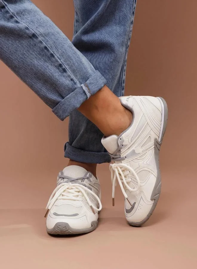 Styli  White Contrast Sole Lace Up Sneakers with Pull Tab for Women | Best Price UAE