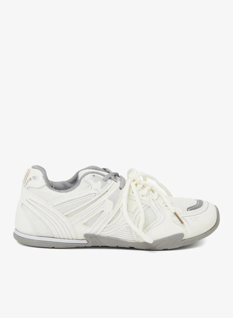 White Contrast Sole Lace Up Sneakers with Pull Tab