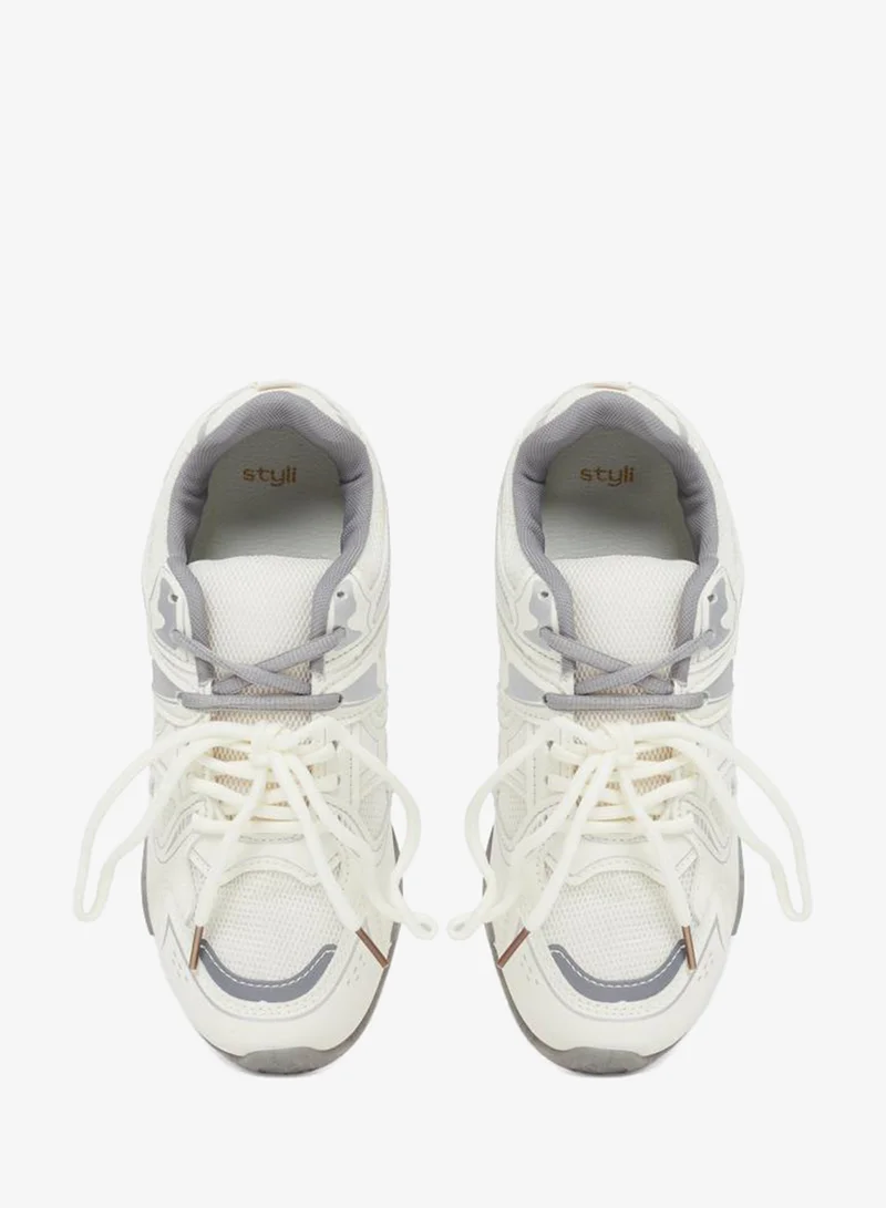 Styli  White Contrast Sole Lace Up Sneakers with Pull Tab for Women | Best Price UAE