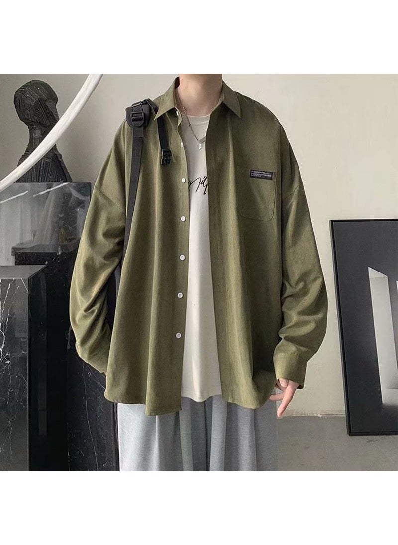 Generic - Japanese Style Long Sleeve Casual Shirt For Men Loose Fit Trendy Brand Versatile Cardigan Jacket Spring Autumn Season 8017 Green - Image 1