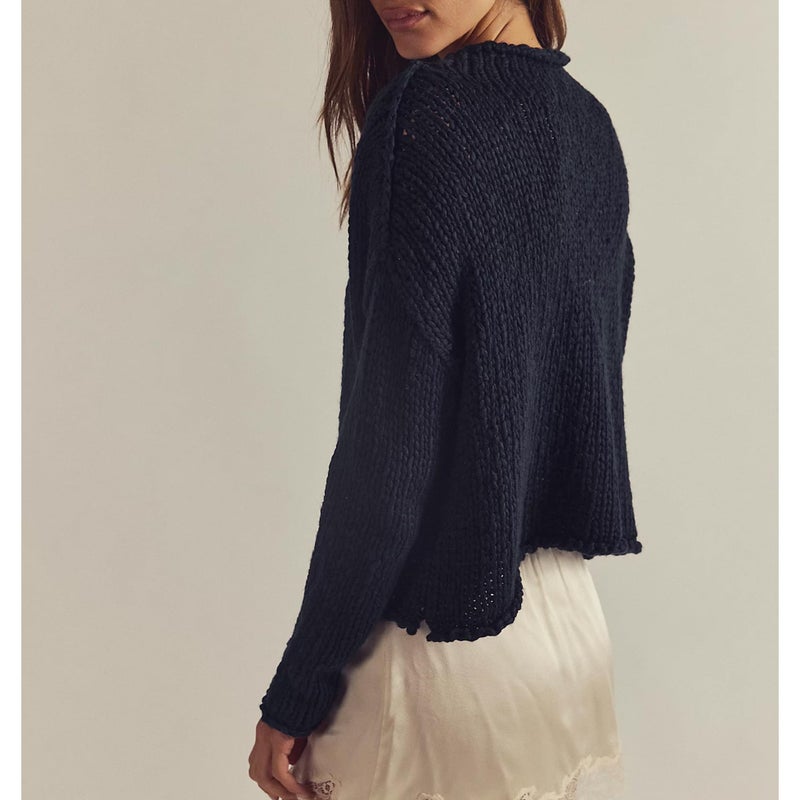 Songling Womens Sweater Oversized Roll Neck Cotton Long Sleeve Casual Soft Chunky Sweaters Crochet Knit Pullover Tops(Navy,S) - Image 3