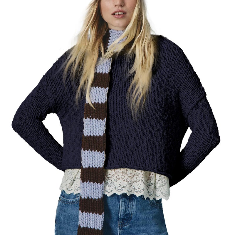 Songling Womens Sweater Oversized Roll Neck Cotton Long Sleeve Casual Soft Chunky Sweaters Crochet Knit Pullover Tops(Navy,S) - Image 2