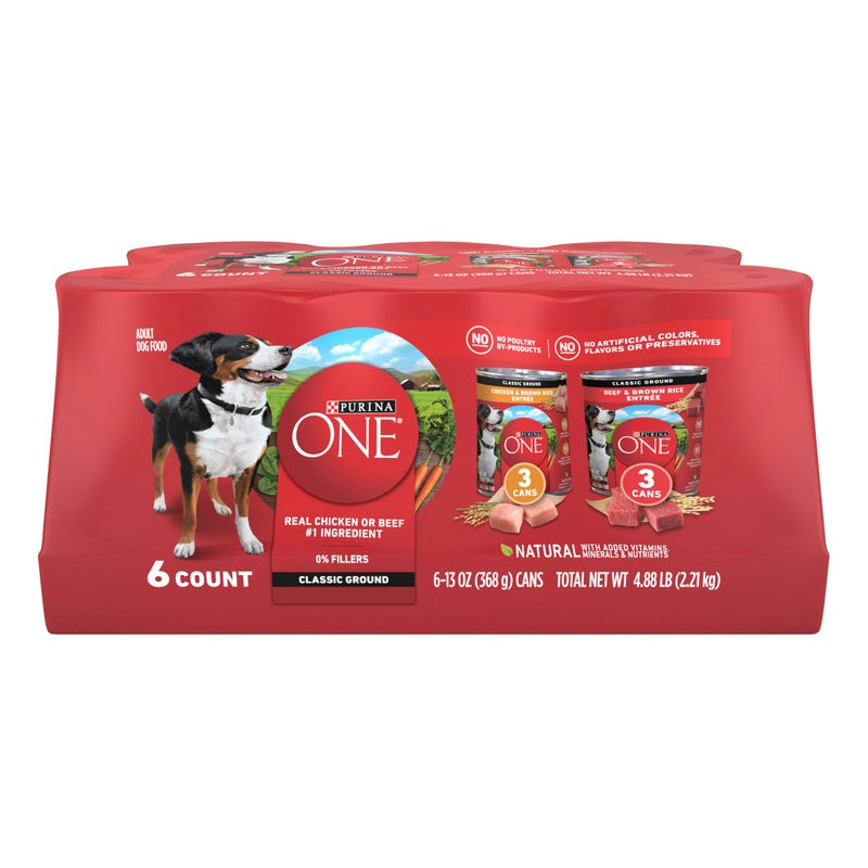 Purina ONE Classic Ground Chicken and Brown Rice, and Beef and Brown Rice Entrees Wet Dog Food Variety Pack - (Pack of 6) 13 oz. Cans - Image 1
