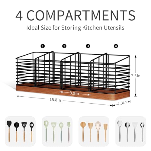 BZBRLZ Large Utensil Holder for Kitchen Counter with 4 Compartments Matte Black Metal Holder with Wooden Base Cooking Utensil Organizer for Spatula Utensil Crock Caddy - Image 3